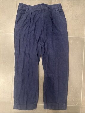 Free People High Rise Pleated Trouser Navy Blue Linen Blend Cropped Size 10